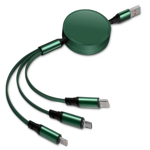 Multi USB-Kabel [6 A, 1,2 m] einziehbar, 3 in 1 Universalkabel, Multi-Ladegerät, schnelles Laden mit Lightning USB Typ C Micro USB für iPhone Samsung Galaxy Huawei Honor OnePlus (grün) von Leikedun