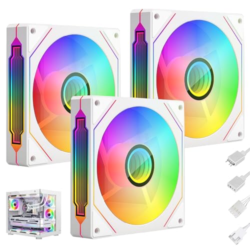 120mm ARGB PC Lüfter Reverse PWM [3er Pack] - 5V3PIN & 12V4PIN Adressebare RGB Gehäuselüfter mit Infinite Mirror Effekt, 40.000 Stunden Lebensdauer (Weiß, 3 Stück) von Leikurvo
