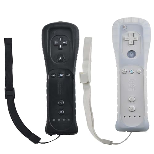 2x Wii-Fernbedienung: Gamecontroller Wii Controller Wireless Remote Bewegungssensor Vernbedinung Ersatz Gamepad Controller für Wii und Wii-Konsole, mit Silikonhülle und Handschlaufe (weiß schwarz) von Leikurvo