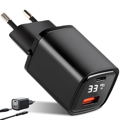 33W USB C Schnellladegerät mit LED Display, 2 Port USB Ladegerät QC PD Netzteil Universal Ladeadapter USB C Ladegerät Kompatibel mit Handys, Kamera, Tablets usw (Schwarz) von Leikurvo