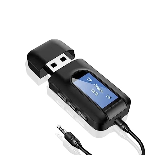 Bluetooth Adapter Audio, 2 in 1 USB Bluetooth 5.0 Adapter für TV, Audio Sender Empfänger mit LCD Bildschirm, 3.5 mm Klinke, geringe Latenz Bluetooth Transmitter für PC, Kopfhörer, Auto von Leikurvo