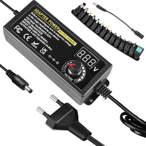 Einstellbares Netzteil, 3V-24V Universal Netzteil, 3A 72W AC/DC Verstellbarer Netzadapter, Universal Netzteiladapter mit LED Spannungsanzeige, 14 pcs Adapter Stecker und Reverse Polarity Kabel von Leikurvo