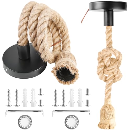 Vintage Hanfseil Lampe, 2 Stück E27 DIY Pendelleuchte Seil mit Kabel 1m, Retro Hanfseillampe Industrie Kronleuchter Lampenaufhängung Seil Hanfseil Wandlampe für Küche Haus Cafe Bar Restaurant von Leikurvo