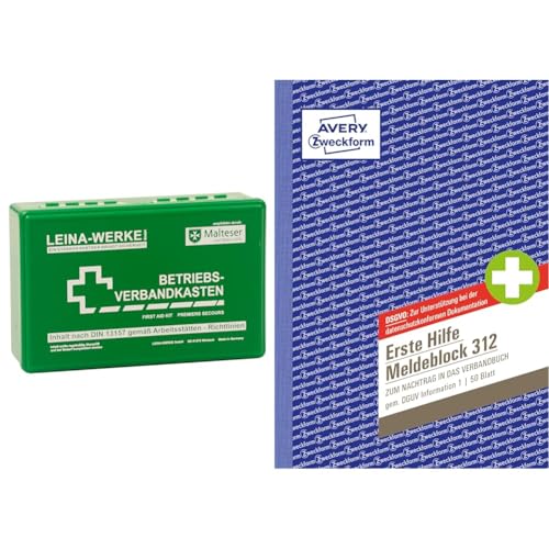 Leina REF20000 Betriebsverbandkasten, Grün, 1 Packung & AVERY Zweckform 312 Erste Hilfe Meldeblock nach DGUV Information 204-020 von Leina