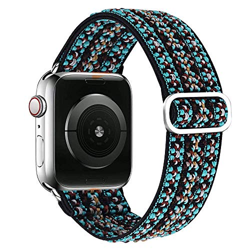 Leishouer Elastisches Solo Loop Kompatibel mit Apple Watch Armband, Geflochtenes Muster Nylon Sport Armband für IWatch Series 6/SE/5/4/3/2/1 Strap,Böhmen grün 42mm/44mm von Leishouer