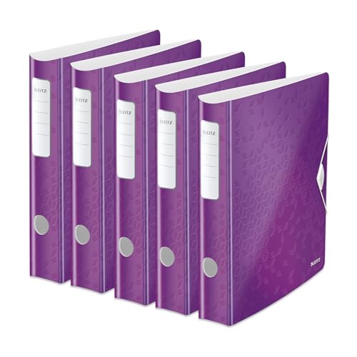 Leitz Qualitäts-Ordner 180° Active WOW, 5er Pack, A4, Schmal, Abgerundeter Rücken, 6,5 cm breit, Gummibandverschluss, Leichtes Polyfoam, Plastik-Ordner, WOW Serie, Violett, 11070062 von Leitz
