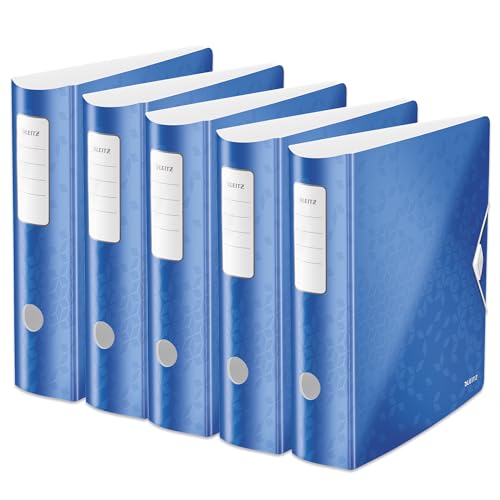 Leitz Qualitäts-Ordner 180° Active WOW, 5er Pack, A4, Breit, Abgerundeter Rücken, 8,2 cm breit, Gummibandverschluss, Leichtes Polyfoam, Plastik-Ordner, WOW Serie, Blau, 11060036 von Leitz
