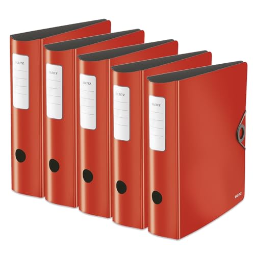 Leitz Qualitäts-Ordner 180° Active Solid, A4, 5er Pack, Breit, Abgerundeter Rücken, 8,2 cm breit, Gummibandverschluss, Leichtes Polyfoam, Plastik-Ordner, WOW Serie, Rot, 10471020 von Leitz