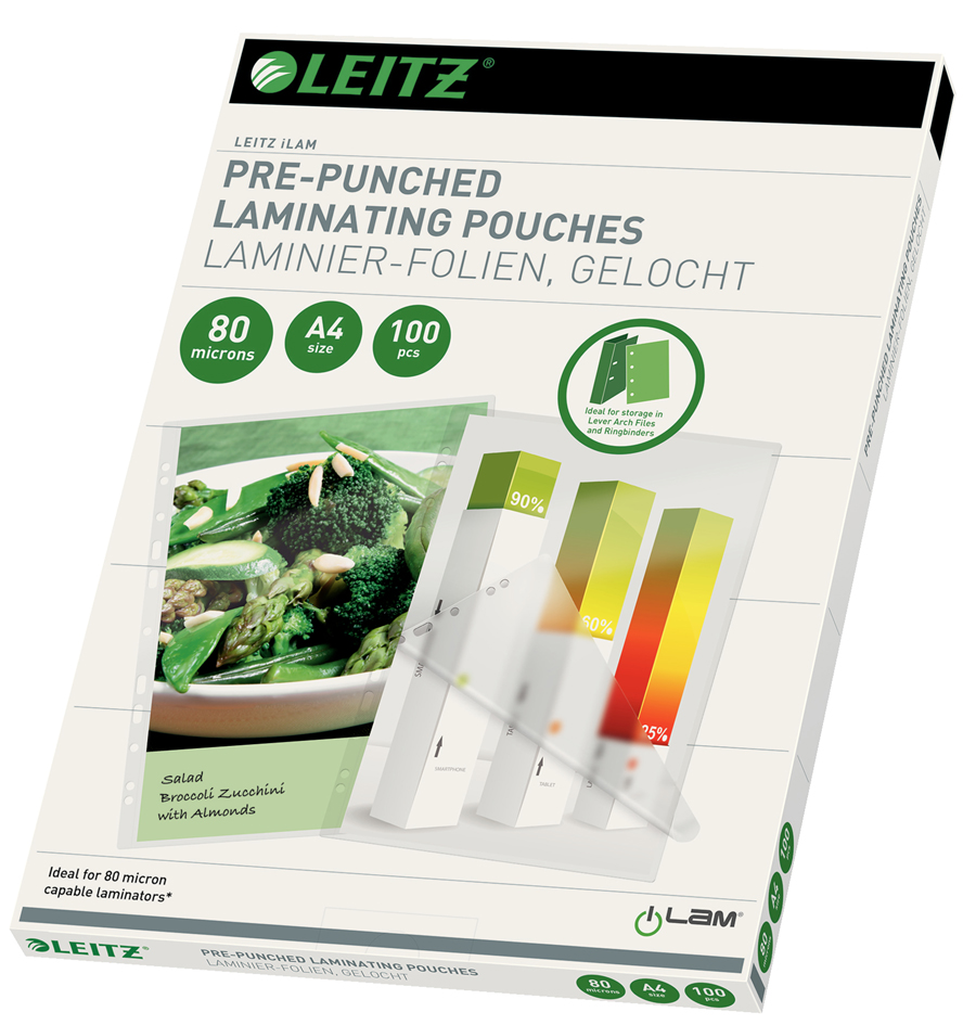 LEITZ Laminierfolientasche, DIN A4, Abheftlochung, 160 mic von Leitz