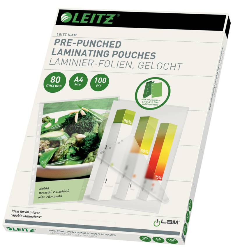 LEITZ Laminierfolientasche, DIN A4, Abheftlochung, 160 mic von Leitz