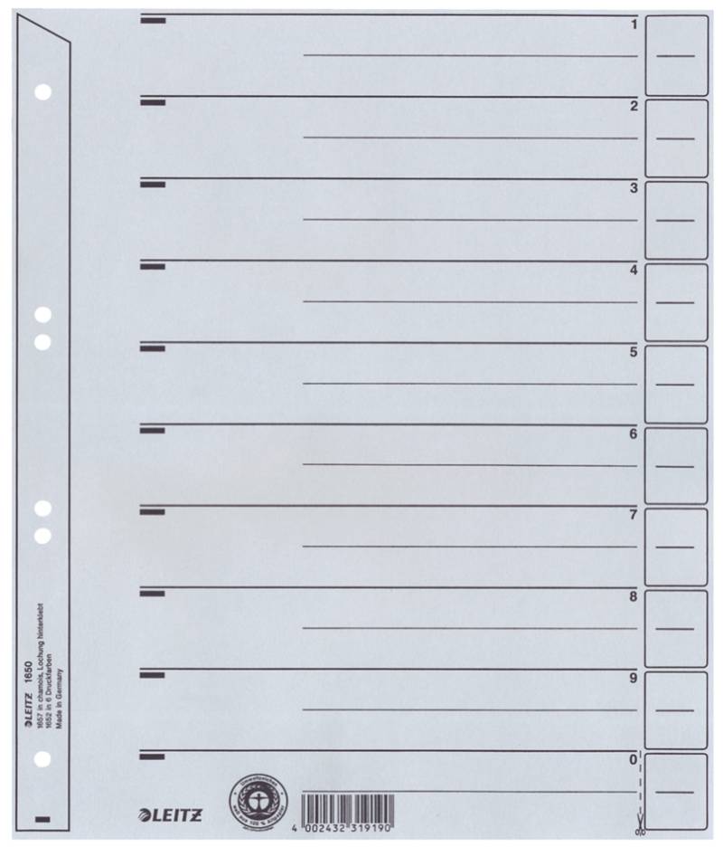 LEITZ Trennblätter, A4 Überbreite, Kraftkarton 200g/qm, grau von Leitz