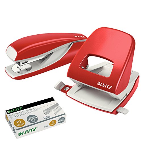 Leitz 5008 NeXXt Series Bürolocher, Metall, bis zu 30 Blatt / Kombi-Set mit Heftgerät + 1000 Klammern extra (rot) von Leitz
