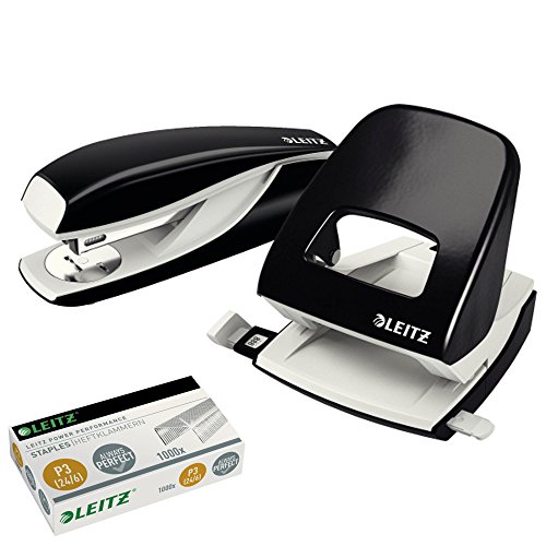 Leitz 5008 NeXXt Series Bürolocher, Metall, bis zu 30 Blatt / Kombi-Set mit Heftgerät + 1000 Klammern extra (schwarz) von Leitz