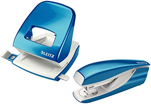 Leitz 5008 NeXXt Series Bürolocher + Heftgerät, Metall, bis zu 30 Blatt (Set blau metallic) von Leitz
