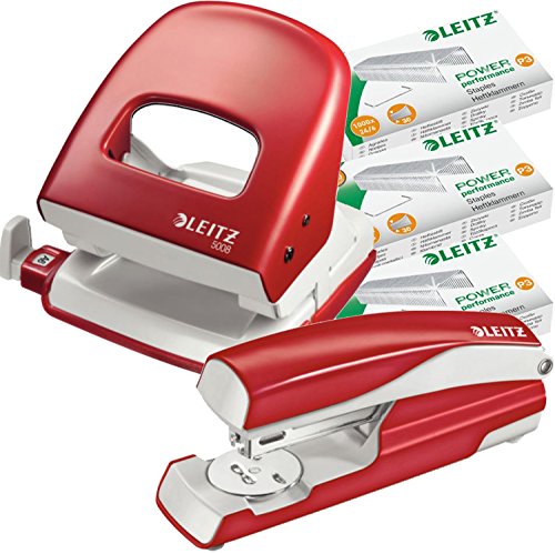 Leitz 50086025 Locher, 2,5 mm, mit Anschlagschiene, Blisterverpackung (Mit Hefter und Heftklammern, rot) von Leitz