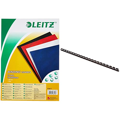 Leitz 73860003 Deckblatt Klarsichtfolie, A4, 100 Stück, glasklar & 35042 Plastikbinderücken, A4, Kunststoff, 10 mm, 65 Blatt, 100 Stück, schwarz von Leitz