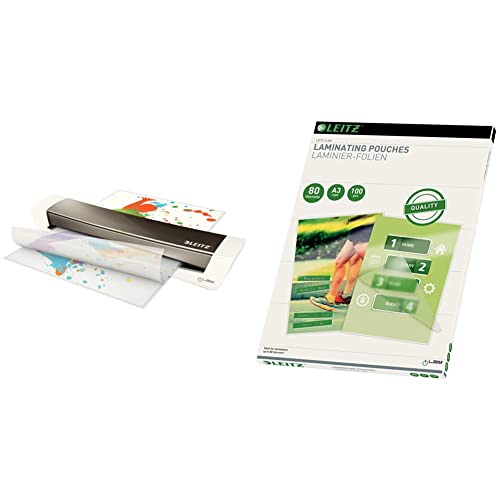 Leitz A3 Laminiergerät, Home Office, Inkl. Laminierfolien Starterkit, Dunkelgrau iLam, 74400089 & Heißlaminierfolien, A3, 100er Pack, Glänzend, Transparent, Folienstärke 80 mic, 33819 von Leitz