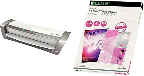 Leitz A4 Laminiergerät, Für 80 bis 125 mic Laminierfolien, inkl. Laminierhüllen Starterkit, schnelles Laminieren, ideal für den Einsatz in Büro & Schule, Weiß/Silber, iLAM, 72510084 von Leitz