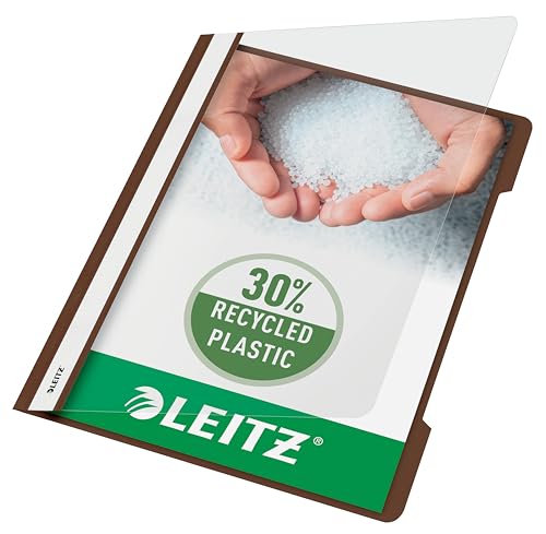 Leitz A4 Standard Schnellhefter, 25er Pack, 30% Pre-Consumer Recycling-Kunststoff, Hefter für A4-Blätter, 60 Blatt Kapazität, Ideal als Dokumententasche für Schule, Haushalt oder Büro, Braun, 41910075 von Leitz