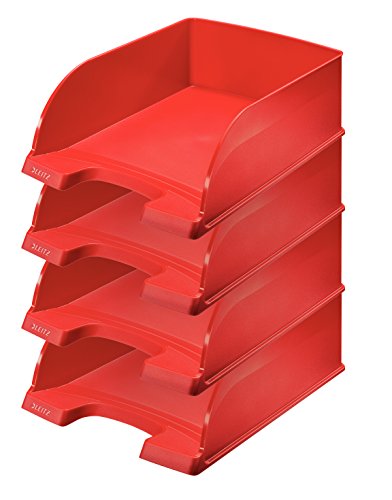 Leitz Briefkorb A4 Jumbo, 4er Pack, Rot, Mit extragroßem Fassungsvermögen, Plus Serie, 52330025 von Leitz