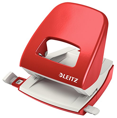 Leitz Büro Locher aus Metall, Für 30 Blatt, Anschlagschiene mit Formatangaben, Ergonomisches Design, rot, 50080025 von Leitz