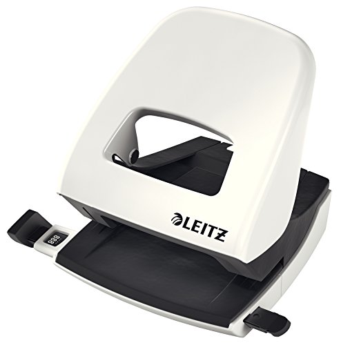 Leitz Büro Locher aus Metall, Für 30 Blatt, Anschlagschiene mit Formatvorgaben, Ergonomisches Design, Weiß, WOW-Serie, 50082001 von Leitz