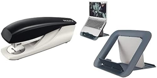 Leitz Büroheftgerät aus Metall, Für 30 Blatt, Ergonomisches Design, Inkl. Heftklammern, Schwarz, NeXXt-Serie, 55000095 + Höhenverstellbarer Laptopständer von Leitz