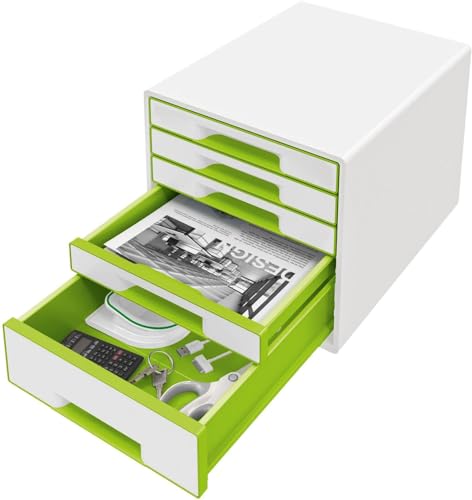 Leitz CUBE Schubladenbox mit 5 Schubladen, Weiß/Grün, A4, Inkl. transparentem Schubladeneinsatz, WOW, 52142054 von Leitz
