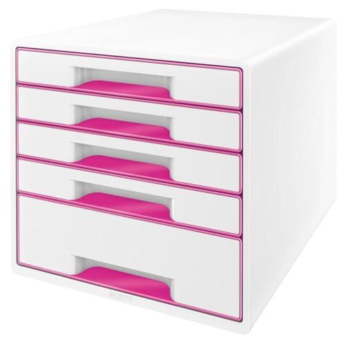 Leitz CUBE Schubladenbox mit 5 Schubladen, Weiß/Pink, A4, Inkl. transparentem Schubladeneinsatz, WOW, 52142023 von Leitz