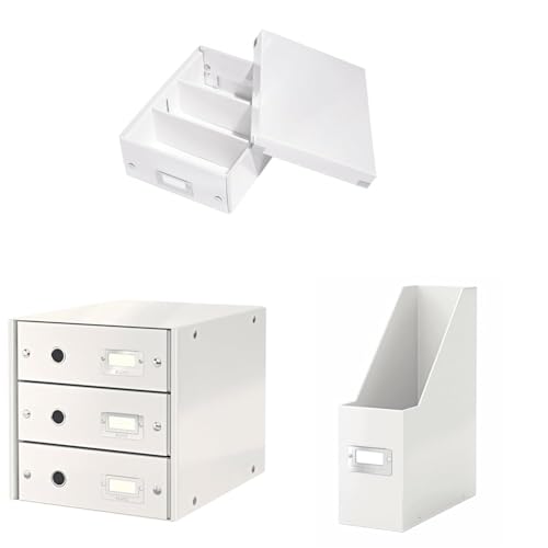 Leitz Click & Store Set - Ordnung auf dem Schreibtisch, Aufbewahrungsbox mit Trennwänden & Deckel Klein + Schubladenset + Stehsammler, Für Büro oder Haushalt, Weiß, 60570001 + 60480001 + 60470001 von Leitz
