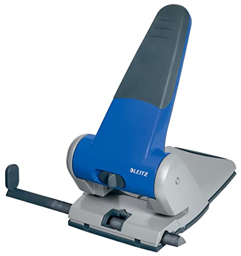 Leitz Extrastarker Registraturlocher, Metall, geeignet für bis zu 65 Blatt, Anschlagschiene mit Formatvorgaben, Ergonomisches Design dank Griffmulde, blau, 51800035 von Leitz