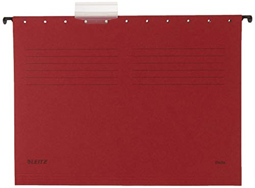 Leitz Hängeordner, 65150025, Radstand 33 cm, Recyclingkarton, Metallstange, Rot, Inklusive Etikettenhalter, Delta, 25er-Pack von Leitz