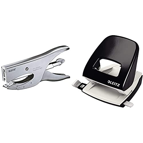 Leitz Heftzange, Für 40 Blatt, Ergonomisches Design aus Metall, Für Heftklammern P3 (24/6, 26/6) oder P4 (24/8), Silber & NeXXt Bürolocher, 30 Blatt, Anschlagschiene mit Formatangaben, Metall, Schwarz von Leitz