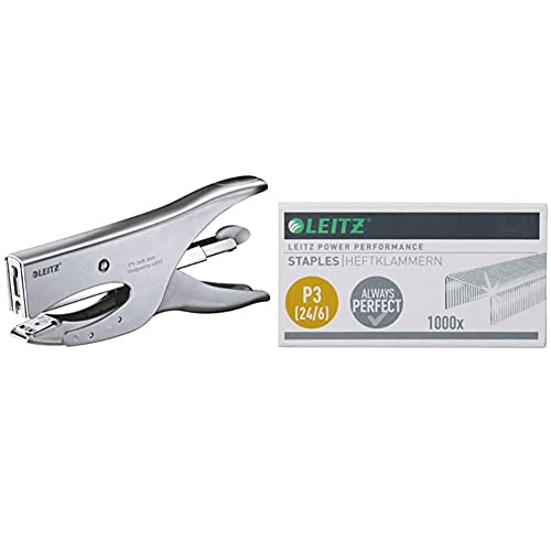 Leitz Heftzange, Für 40 Blatt, Ergonomisches Design aus Metall, Hinterlademechanik, Heftklammern P3 (24/6, 26/6) oder P4 (24/8),Silber & Power Performance Heftklammern P3 (24/6), 1000 Stück, Verzinkt von Leitz