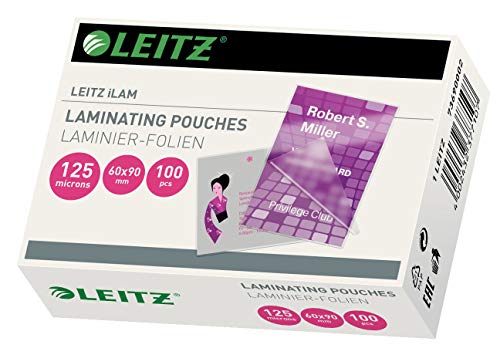 Leitz Heißlaminierfolien 125 mic 60 x 90 mm, Laminieren von Visitenkarten, Hochwertige Laminierfolien im 100er Pack, Glänzend, Transparent, 73690002 von Leitz