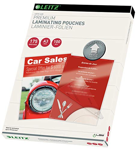 Leitz Heißlaminierfolien A3 175 mic, Laminierfolien in extrastarker Premium-Qualität, 100er Pack, Glänzend, Transparent, Vereinfachtes Einlegen durch UDT, iLAM, 74900000 Leitz Heißlaminierfolien A3 175 mic, Laminierfolien in extrastarker Premium-Qualität, 100er Pack, Glänzend, Transparent, Vereinfachtes Einlegen durch UDT, iLAM, 74900000 von Leitz
