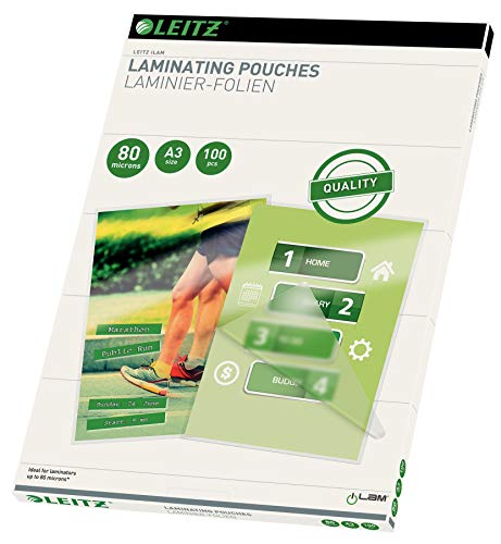 Leitz Heißlaminierfolien A3 80 mic, Hochwertige Laminierfolien im 100er Pack, mit abgerundeten Ecken, transparent, glänzend, ideal für Plakate und Zeichnungen, 33819 Leitz Heißlaminierfolien A3 80 mic, Hochwertige Laminierfolien im 100er Pack, mit abgerundeten Ecken, transparent, glänzend, ideal für Plakate und Zeichnungen, 33819 von Leitz