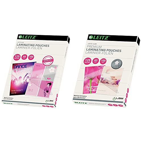 Leitz Heißlaminierfolien A4 125 mic, 100er Pack, 33808 & Heißlaminierfolien A5 125 mic, Laminierfolien in Premium-Qualität im 100er Pack, Glänzend, Transparent, Vereinfachtes Einlegen durch UDT, iLAM von Leitz