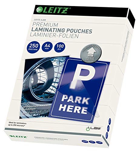 Leitz Heißlaminierfolien A4 250 mic, Laminierfolien in Premium-Qualität im 100er Pack, Glänzend, Transparent, Vereinfachtes Einlegen durch UDT, iLAM, 74840000 von Leitz