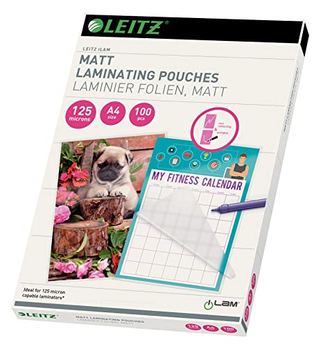 Leitz Heißlaminierfolien A4 Matt 125 mic, Hochwertige Laminierfolien im 100er Pack, zum Beschriften geeignet, für den Einsatz zu Hause oder im Büro, abgerundete Ecken, Transparent, 16926 Leitz Heißlaminierfolien A4 Matt 125 mic, Hochwertige Laminierfolien im 100er Pack, zum Beschriften geeignet, für den Einsatz zu Hause oder im Büro, abgerundete Ecken, Transparent, 16926 von Leitz