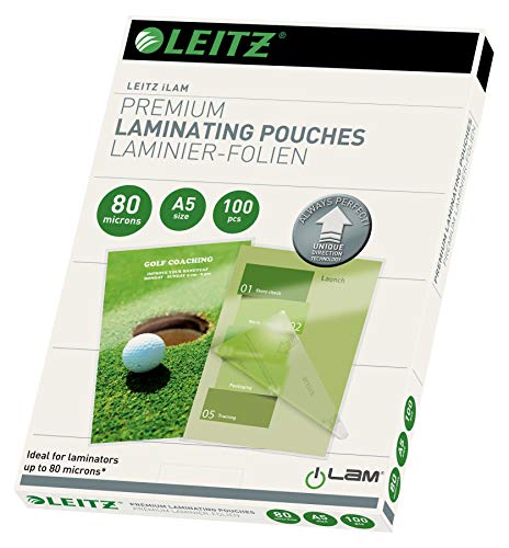 Leitz Heißlaminierfolien A5 80 mic, Laminierfolien in Premium-Qualität im 100er Pack, Glänzend, Transparent, Vereinfachtes Einlegen durch UDT, iLAM, 74920000 von Leitz