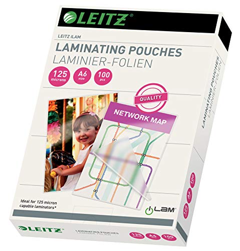 Leitz Heißlaminierfolien A6 125 mic, Hochwertige Laminierfolien im 100er Pack, mit abgerundeten Ecken, transparent, glänzend, ideal für Postkarten, 33806 von Leitz