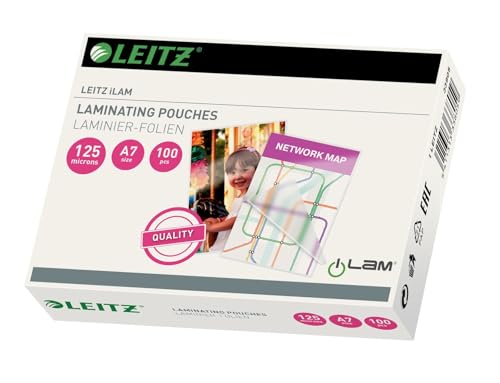 Leitz Heißlaminierfolien A7 125 mic, Hochwertige Laminierfolien im 100er Pack, mit abgerundeten Ecken, transparent, glänzend, ideal für A7 Karten, 33805 von Leitz