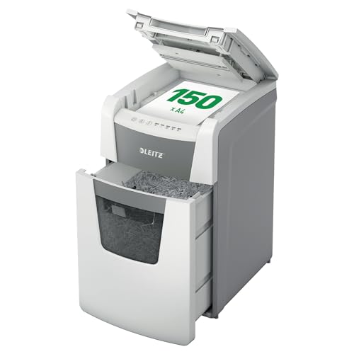 Leitz IQ Autofeed Office Aktenvernichter, 150 Blatt Papierstapel schreddern, Zeit sparen mit automatischem Einzug, Mikroschnitt P5, 44L Abfallbehälter, Leiser Betrieb für Büro, 80140000 von Leitz