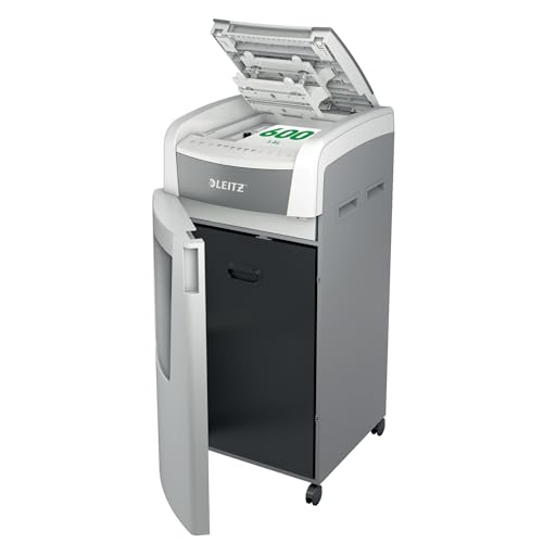 Leitz IQ Autofeed Office Pro Aktenvernichter, 600 Blatt Papierstapel schreddern, Zeit sparen mit automatischem Einzug, Mikroschnitt P5, 110L Abfallbehälter, Leiser Betrieb für große Büro, 80180000 von Leitz