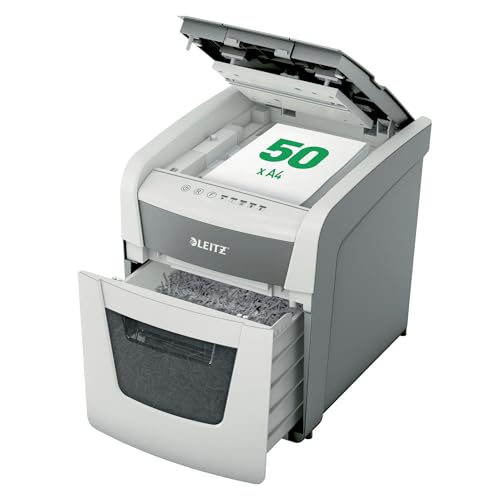 Leitz IQ Autofeed Small Office Aktenvernichter, 50 Blatt Papierstapel schreddern, Zeit sparen mit automatischem Einzug, Partikelschnitt P4, 20L Abfallbehälter, Leiser Betrieb für Büro, 80350000 von Leitz