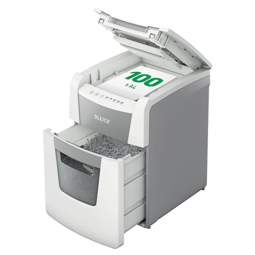 Leitz IQ Autofeed Small Office Aktenvernichter, 100 Blatt Papierstapel schreddern, Zeit sparen mit automatischem Einzug, Partikelschnitt P4, 34L Abfallbehälter, Leiser Betrieb für Büro, 80110000 von Leitz