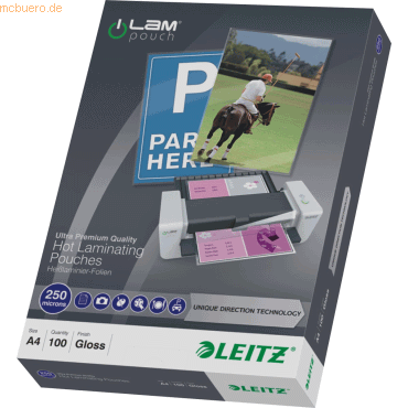 Leitz Laminiertaschen iLAM A4 250mic glänzend VE=100 Stück Leitz Laminiertaschen iLAM A4 250mic glänzend VE=100 Stück von Leitz