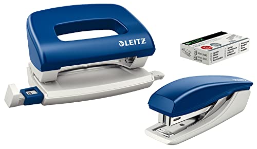 Leitz Mini Heftgerät und Locher-Set, Für 10 Blatt, Ergonomische Form, Blau, NeXXt-Serie, 55076035 von Leitz