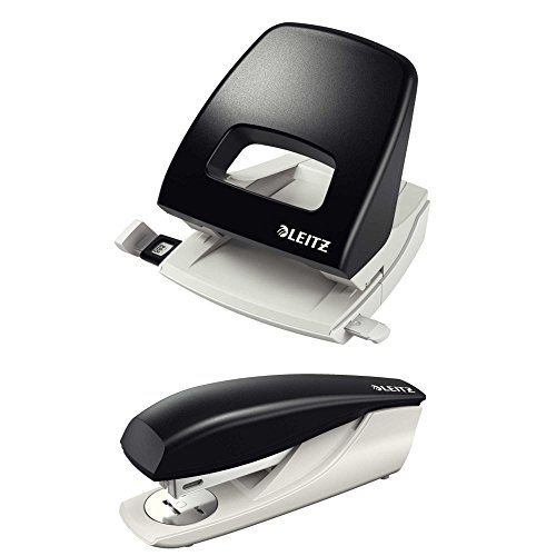 Leitz NeXXt Series Bürolocher 5005, 25 Blatt, Anschlagschiene mit Formatvorgaben, Metall, Nexxt mit Leitz Heftgerät 5500 30 Blatt (schwarz mit Heftgerät) von Leitz